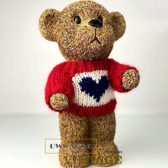 RESIN Bear Sculpture | 10" Standing Vintage Teddy Bear in Knit Sweater - Picture 9 of 10